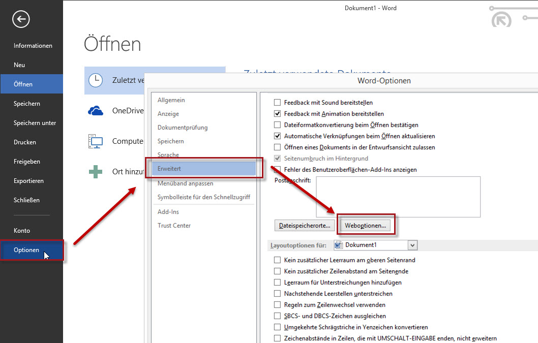 Optionen in Word